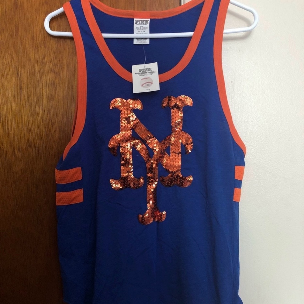 PINK Victoria's Secret NY Mets baseball Blue and Orange sequin bling Tank Top